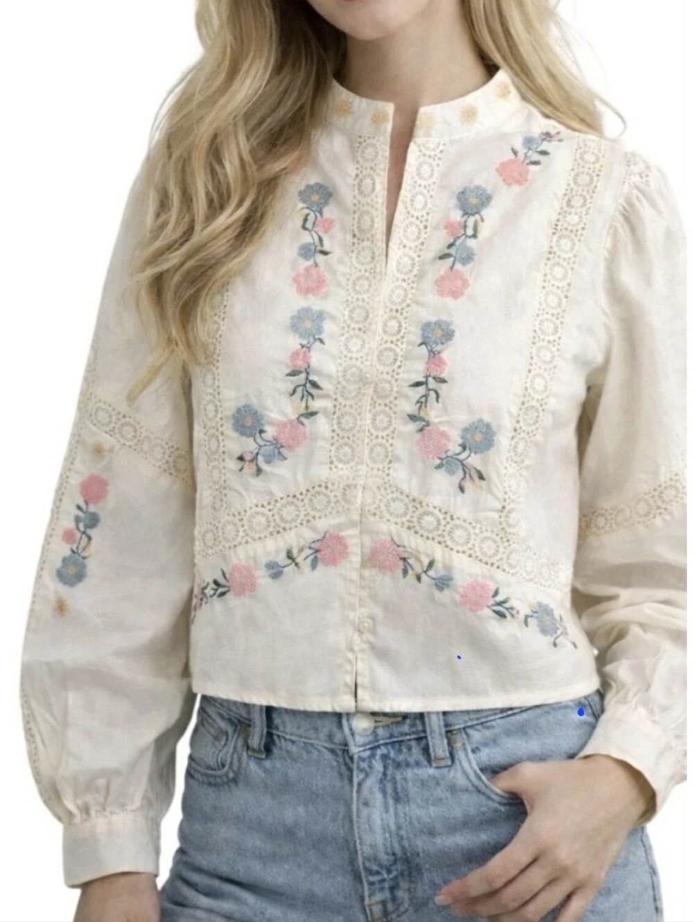 Caroline Constas Cream Embroidered Floral Lace-Trim Blouse Size S NWT